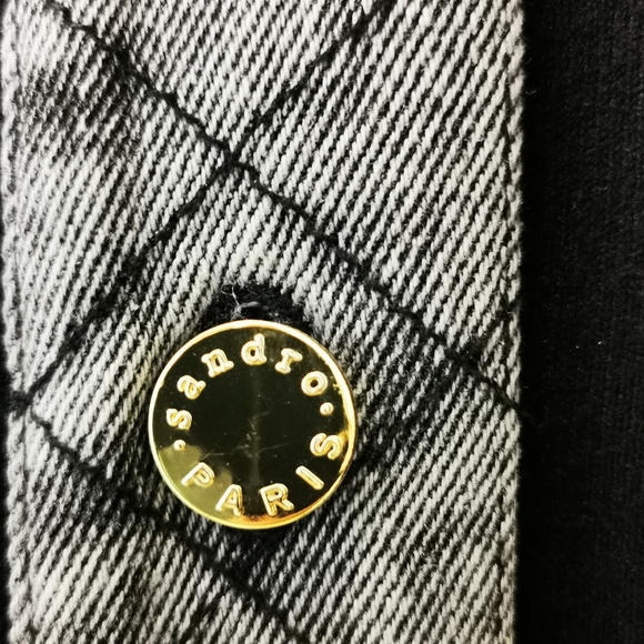 Sandro Paris Coat Size 0 XS Viscose Denim combo Jean Jacket Black Grey Gold Trim - Picture 9 of 15